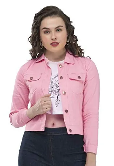 AYRIN AYJ00223 Women's Full Sleeve Solid Regular Denim Jacket (Light pink, S)