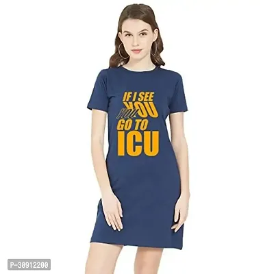 Stylish Navy Blue Cotton Blend Printed T-shirt Dress For Women