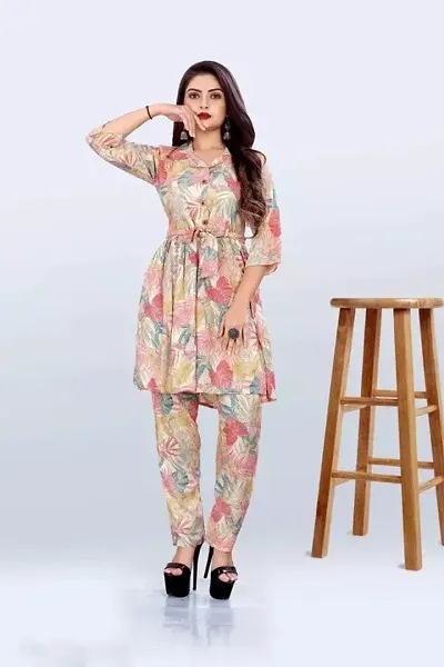 Stylish Rayon Printed Short Kurti Pant Set