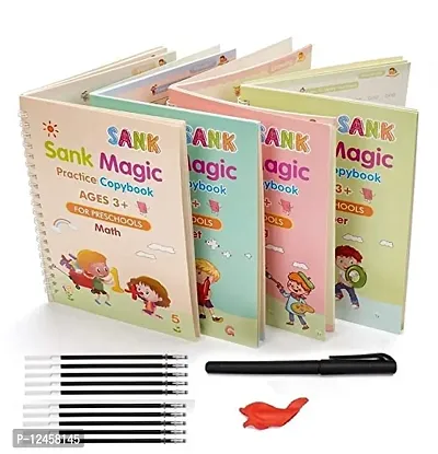 Magic Practice Copybook, (4 BOOK + 5 REFILL+ 1 Pen +1 Grip) Tracing Book For Preschoolers With Pen, Magic Calligraphy Copybook Set Practical Reusable Writing Tool Simple Hand Lettering  (Spiral, Chi-thumb0