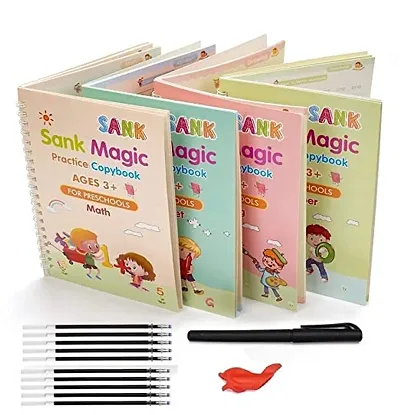 Magic Practice Copybook, (4 BOOK + 5 REFILL+ 1 Pen +1 Grip) Tracing Book For Preschoolers With Pen, Magic Calligraphy Copybook Set Practical Reusable Writing Tool Simple Hand Lettering  (Spiral, Chi