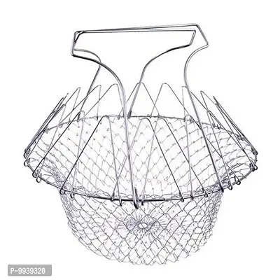 Chef Basket Stainless Steel Fold-able Cooking Basket Magic Basket Mesh Basket Strainer Net Kitchen Cooking Tool for Frying, Steaming, Straining, Rinsing-thumb0