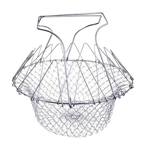 Chef Basket Stainless Steel Fold-able Cooking Basket Magic Basket Mesh Basket Strainer Net Kitchen Cooking Tool for Frying, Steaming, Straining, Rinsing