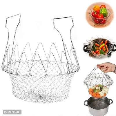 Chef Basket Stainless Steel Fold-able Cooking Basket Magic Basket Mesh Basket Strainer Net Kitchen Cooking Tool for Frying, Steaming, Straining, Rinsing-thumb4
