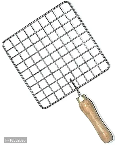 KITCHEN SQUARE STAINLESS STEEL ROASTER PAPAD JALI, BARBECUE GRILL WITH WOODEN HANDLE-thumb0