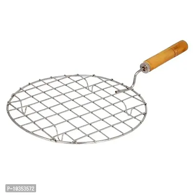 Papad Jali, Paneer Grill, Roti Maker, Barbeque Jali Roaster Chapati Toast Grill Wooden Handle Vegetable tandoor net , Baigan Bharta (Round) 1 kg Roaster (Silver)-thumb0