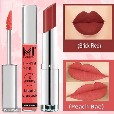 MI Fashion Made in India Lipstick Combo Offers 100% Veg Long Lasting - Peach Liquid Matte Lipstick, Brick Red Creamy Matte Lipstick-thumb3