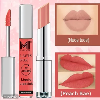 MI Fashion Made in India Lipstick Combo Offers 100% Veg Long Lasting - Peach Liquid Matte Lipstick, Nude Tude Creamy Matte Lipstick-thumb3