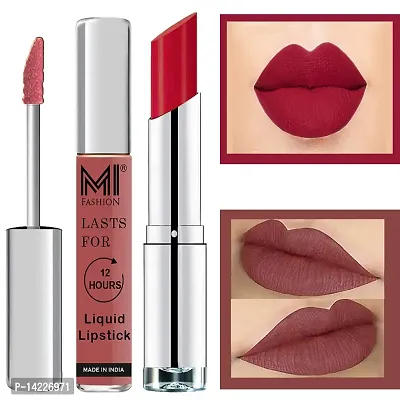 MI Fashion Made in India Lipstick Combo Offers 100% Veg Long Lasting - Brown Liquid Matte Lipstick, Red Bomber Creamy Matte Lipstick