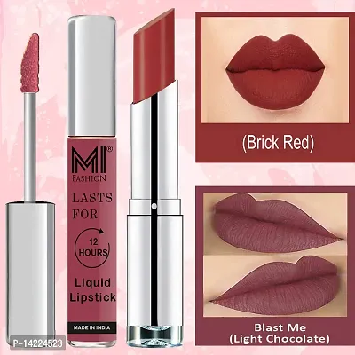 MI Fashion Made in India Lipstick Combo Offers 100% Veg Long Lasting - Light Chocolate Liquid Matte Lipstick, Brick Red Creamy Matte Lipstick-thumb3