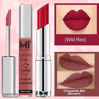 MI Fashion Made in India Lipstick Combo Offers 100% Veg Long Lasting - Brown Liquid Matte Lipstick, Red Bomber Creamy Matte Lipstick-thumb3