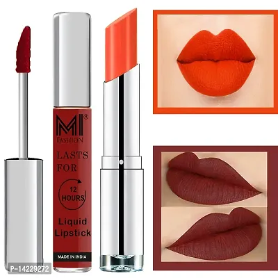 MI Fashion Made in India Lipstick Combo Offers 100% Veg Long Lasting - Brown Liquid Matte Lipstick, Orange Crush Creamy Matte Lipstick