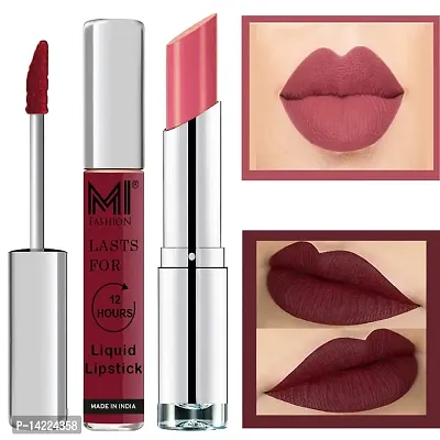 MI Fashion Made in India Lipstick Combo Offers 100% Veg Long Lasting - Red Liquid Matte Lipstick, Matelic Nude Creamy Matte Lipstick-thumb0