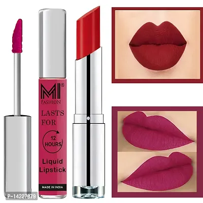 MI Fashion Made in India Lipstick Combo Offers 100% Veg Long Lasting - Pink Liquid Matte Lipstick, Red Alert Creamy Matte Lipstick