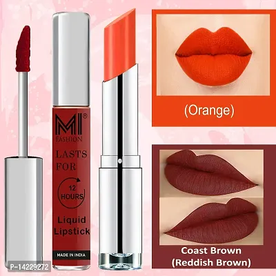 MI Fashion Made in India Lipstick Combo Offers 100% Veg Long Lasting - Brown Liquid Matte Lipstick, Orange Crush Creamy Matte Lipstick-thumb3