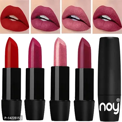 NOY 4 Pcs Creme Matte Lipsticks Set of Modern Colors Pro Quality (Red, Metallic Magenta, Metallic Pink, Onion)