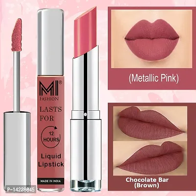 MI Fashion Made in India Lipstick Combo Offers 100% Veg Long Lasting - Brown Liquid Matte Lipstick, Matelic Nude Creamy Matte Lipstick-thumb3