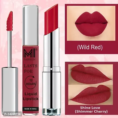 MI Fashion Made in India Lipstick Combo Offers 100% Veg Long Lasting - Shimmer Cherry Liquid Matte Lipstick, Red Bomber Creamy Matte Lipstick-thumb3