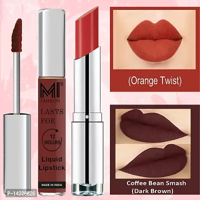 MI Fashion Made in India Lipstick Combo Offers 100% Veg Long Lasting - Dark Brown Liquid Matte Lipstick, Orange Fever Creamy Matte Lipstick-thumb0