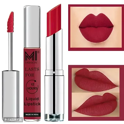 MI Fashion Made in India Lipstick Combo Offers 100% Veg Long Lasting - Shimmer Cherry Liquid Matte Lipstick, Red Bomber Creamy Matte Lipstick-thumb0