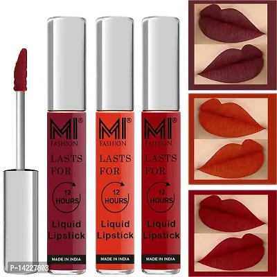 MI Fashion Lipsticks Matte Liquid Matte Red Lipstick, Orange Lipstick, Red Lipsticks Set of 3 Pcs-thumb0