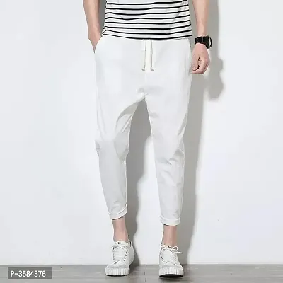 Men's White Cotton Spandex Solid Slim Fit Track Pant