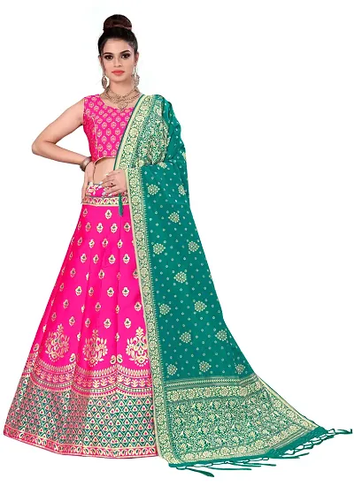 Stylish Pink Banarasi Silk Jacquard Lehenga Choli Set For Women