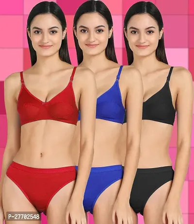 Women Cotton Bra Panty Set for Lingerie Set Pack of 3  Color : Red,Blue,Black-thumb0