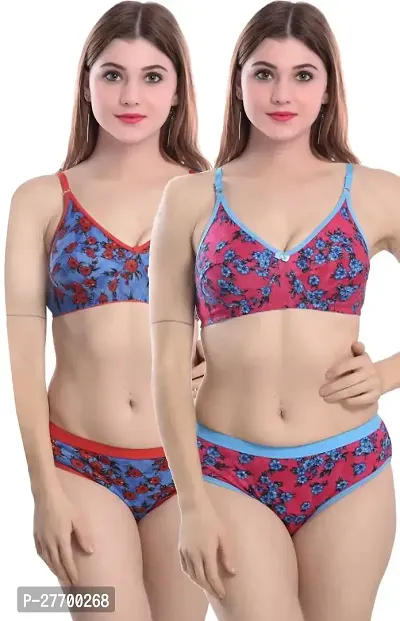 Women Cotton Bra Panty Set for Lingerie Set Pack of 2  Color : Blue,Red-thumb0
