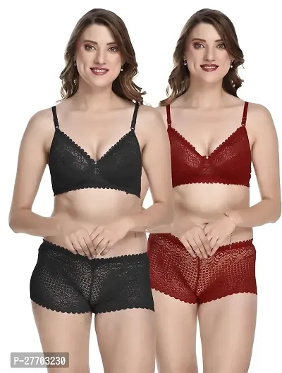 Women Net Bra Panty Set for Lingerie Set Pack of 2  Color : Black,Maroon-thumb0