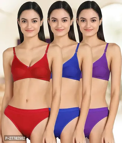 Women Cotton Bra Panty Set for Lingerie Set Pack of 3  Color : Red,Blue,Purple-thumb0