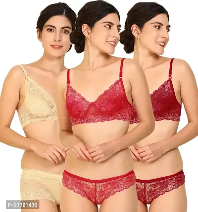 Women Cotton Bra Panty Set for Lingerie Set Pack of 3  Color : Brown,Red,Maroon-thumb0