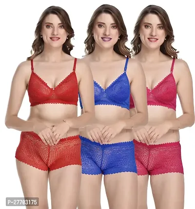 Women Net Bra Panty Set for Lingerie Set Pack of 3  Color : Red,Blue,Pink-thumb0