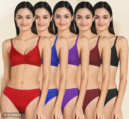 Women Cotton Bra Panty Set for Lingerie Set Pack of 5  Color : Red,Blue,Purple,Maroon,Black-thumb0