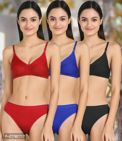 Women Cotton Bra Panty Set for Lingerie Set Pack of 3  Color : Red,Blue,Black-thumb0