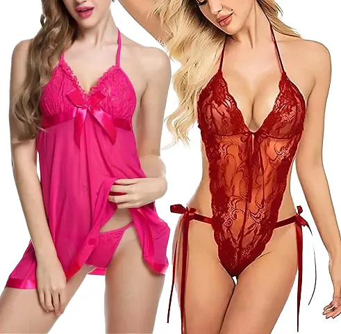 Pack Of 2 Stylish Printed Net Baby Doll Sexy Night Dress For Women