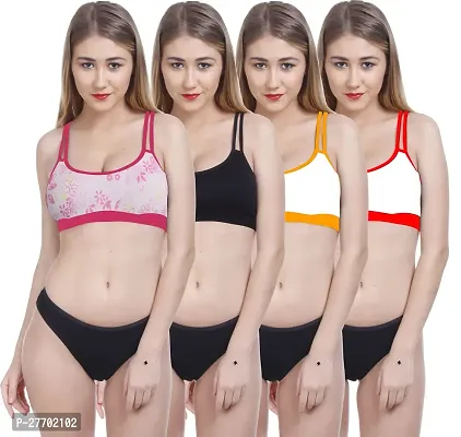 Women Cotton Bra Panty Set for Lingerie Set Pack of 4  Color : Pink,Black,Yellow,Red-thumb0