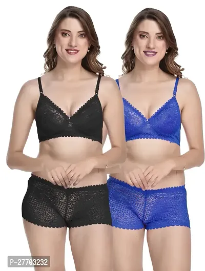 Women Net Bra Panty Set for Lingerie Set Pack of 2  Color : Black,Blue-thumb0