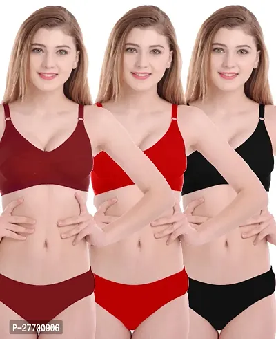 Women Cotton Bra Panty Set for Lingerie Set Pack of 3  Color : Maroon,Red,Black-thumb0