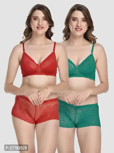 Women Cotton Bra Panty Set for Lingerie Set Pack of 2  Color : Red,Green-thumb0