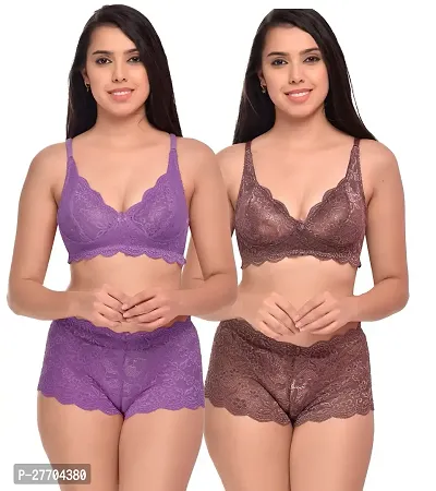 Women Net Bra Panty Set for Lingerie Set Pack of 2  Color : Purple,Maroon-thumb0