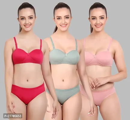 Women Cotton Bra Panty Set for Lingerie Set Pack of 3  Color : Red,Green,Pink-thumb0