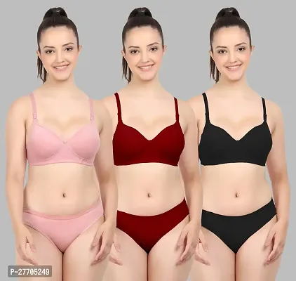 Women Cotton Bra Panty Set for Lingerie Set Pack of 3  Color : Pink,Maroon,Black-thumb0