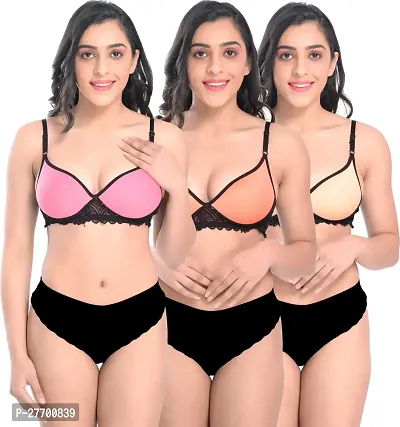 Women Cotton Bra Panty Set for Lingerie Set Pack of 3  Color : Pink,Orange,Brown-thumb0