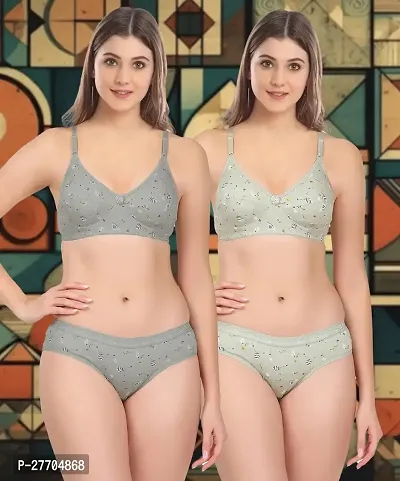 Women Cotton Bra Panty Set for Lingerie Set Pack of 2  Color : Grey,Green-thumb0