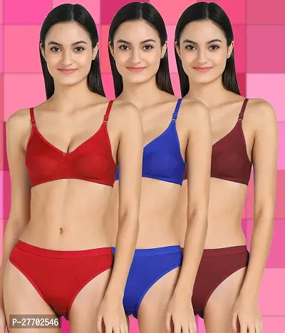 Women Cotton Bra Panty Set for Lingerie Set Pack of 3  Color : Red,Blue,Maroon-thumb0