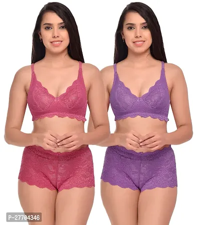 Women Net Bra Panty Set for Lingerie Set Pack of 2  Color : Pink,Purple-thumb0