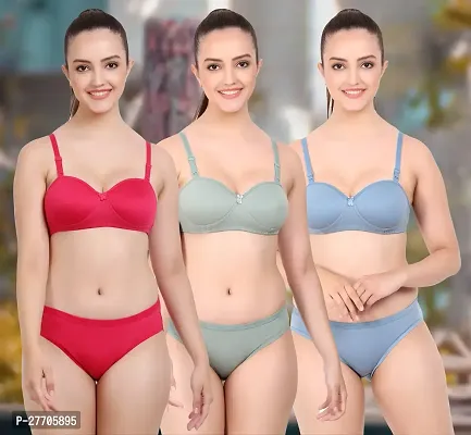 Women Cotton Bra Panty Set for Lingerie Set Pack of 3  Color : Red,Green,Blue-thumb0