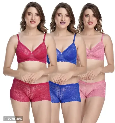 Women Net Bra Panty Set for Lingerie Set Pack of 3  Color : Pink,Blue,Orange-thumb0