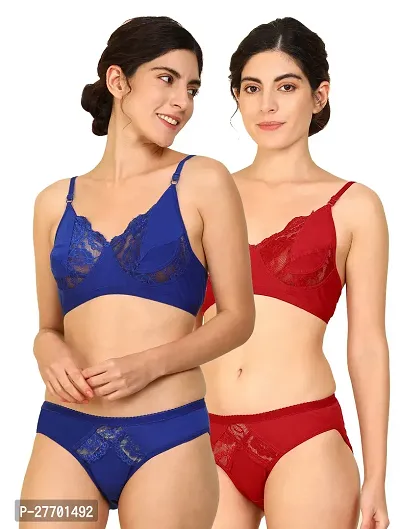 Women Cotton Bra Panty Set for Lingerie Set Pack of 2  Color : Blue,Red-thumb0